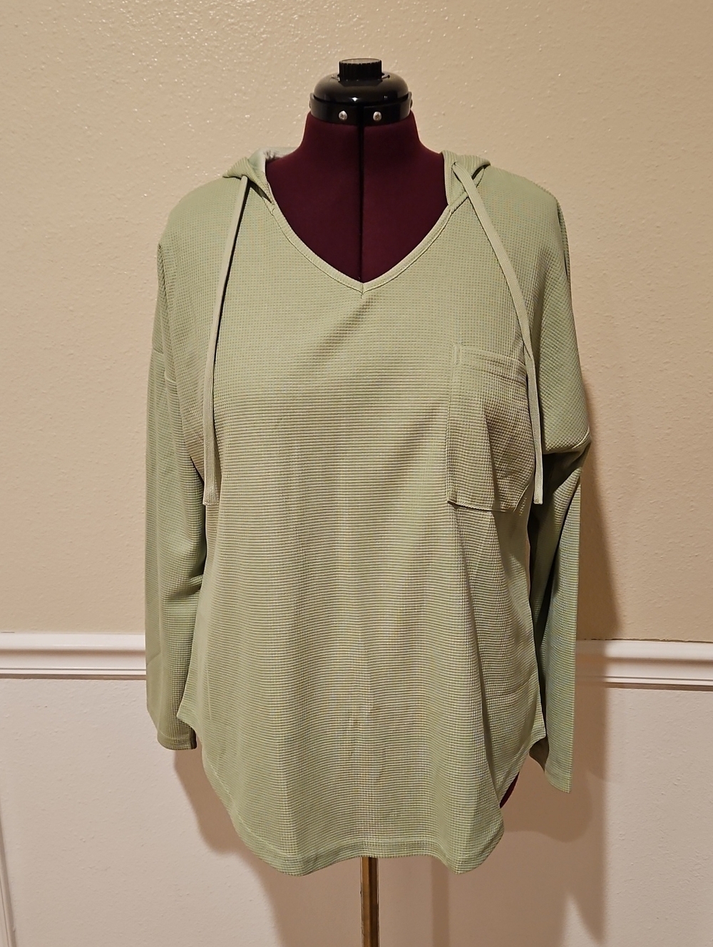 Women's Sage Green Hooded V-Neck Waffle Knit Top